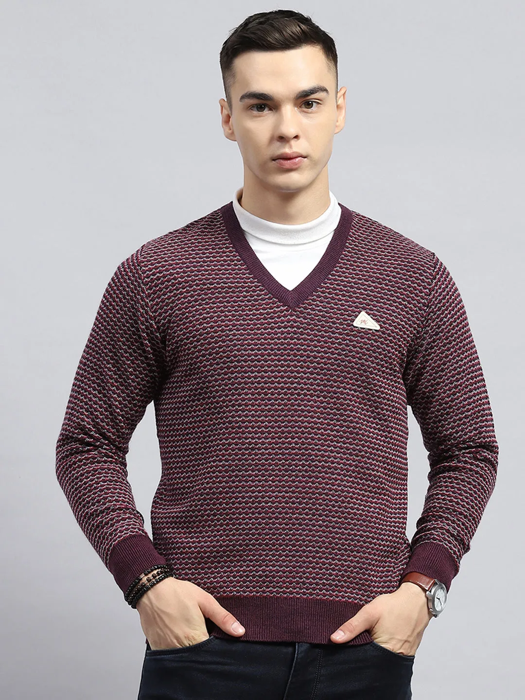 Men Burgundy Self Design V Neck Full Sleeve Pullover sold by Monte Carlo