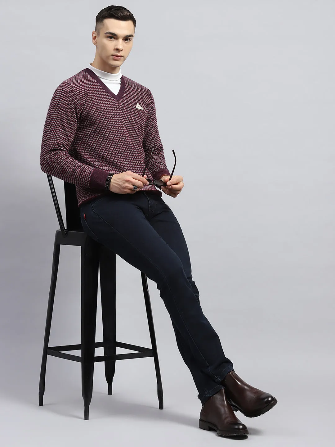 Men Burgundy Self Design V Neck Full Sleeve Pullover sold by Monte Carlo product image thumbnail 2