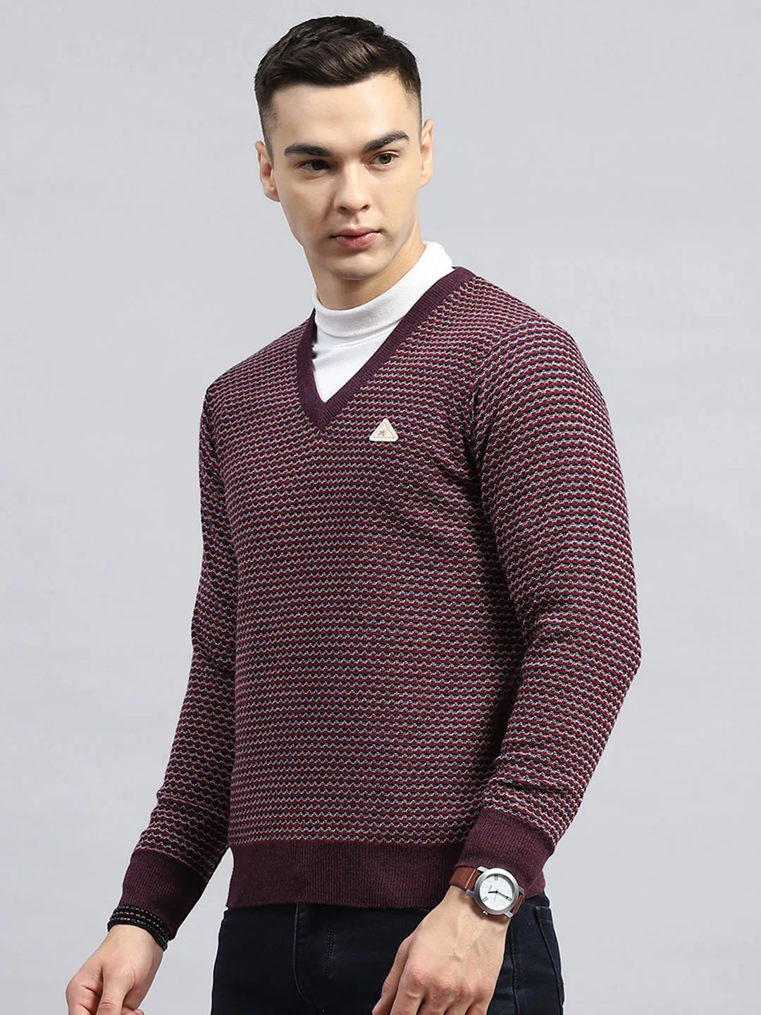 Men Burgundy Self Design V Neck Full Sleeve Pullover sold by Monte Carlo product image thumbnail 3
