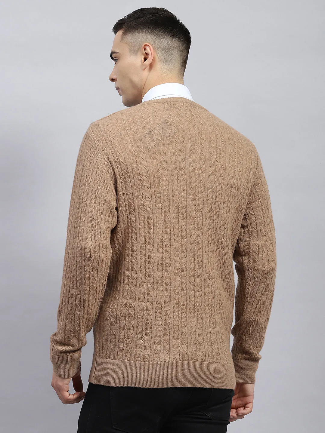 Men Beige Self Design V Neck Full Sleeve Pullover sold by Monte Carlo product image thumbnail 5