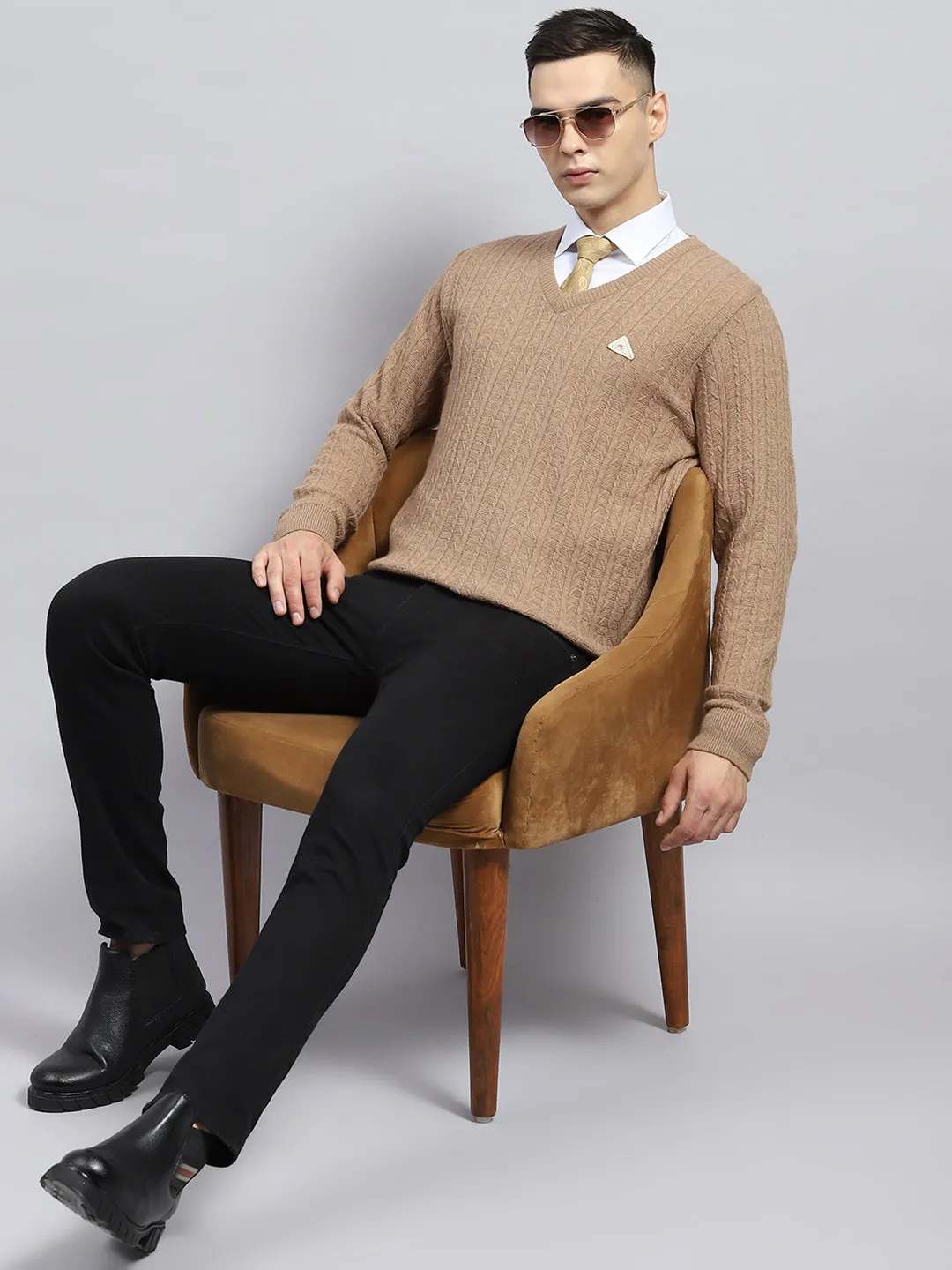Men Beige Self Design V Neck Full Sleeve Pullover sold by Monte Carlo product image thumbnail 2