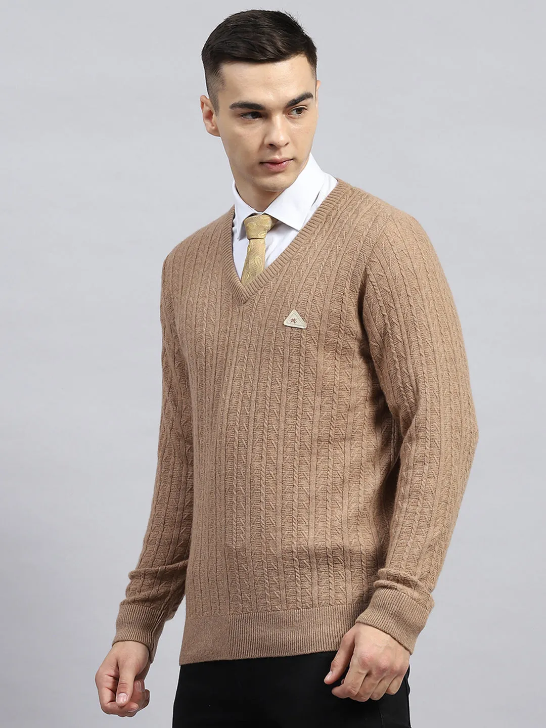 Men Beige Self Design V Neck Full Sleeve Pullover sold by Monte Carlo product image thumbnail 3