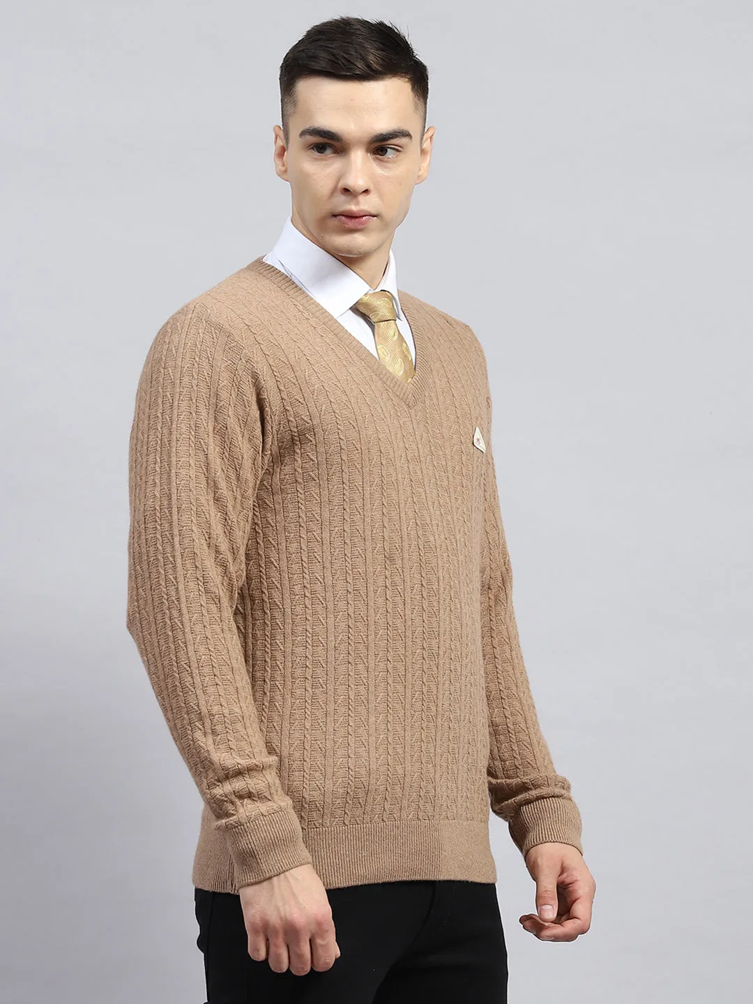 Men Beige Self Design V Neck Full Sleeve Pullover sold by Monte Carlo product image thumbnail 4