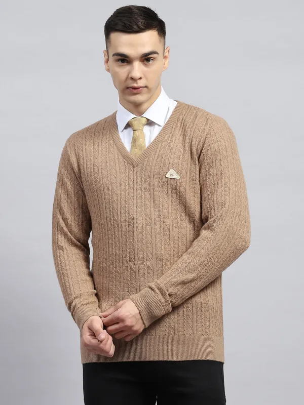 Men Beige Self Design V Neck Full Sleeve Pullover made by Monte Carlo