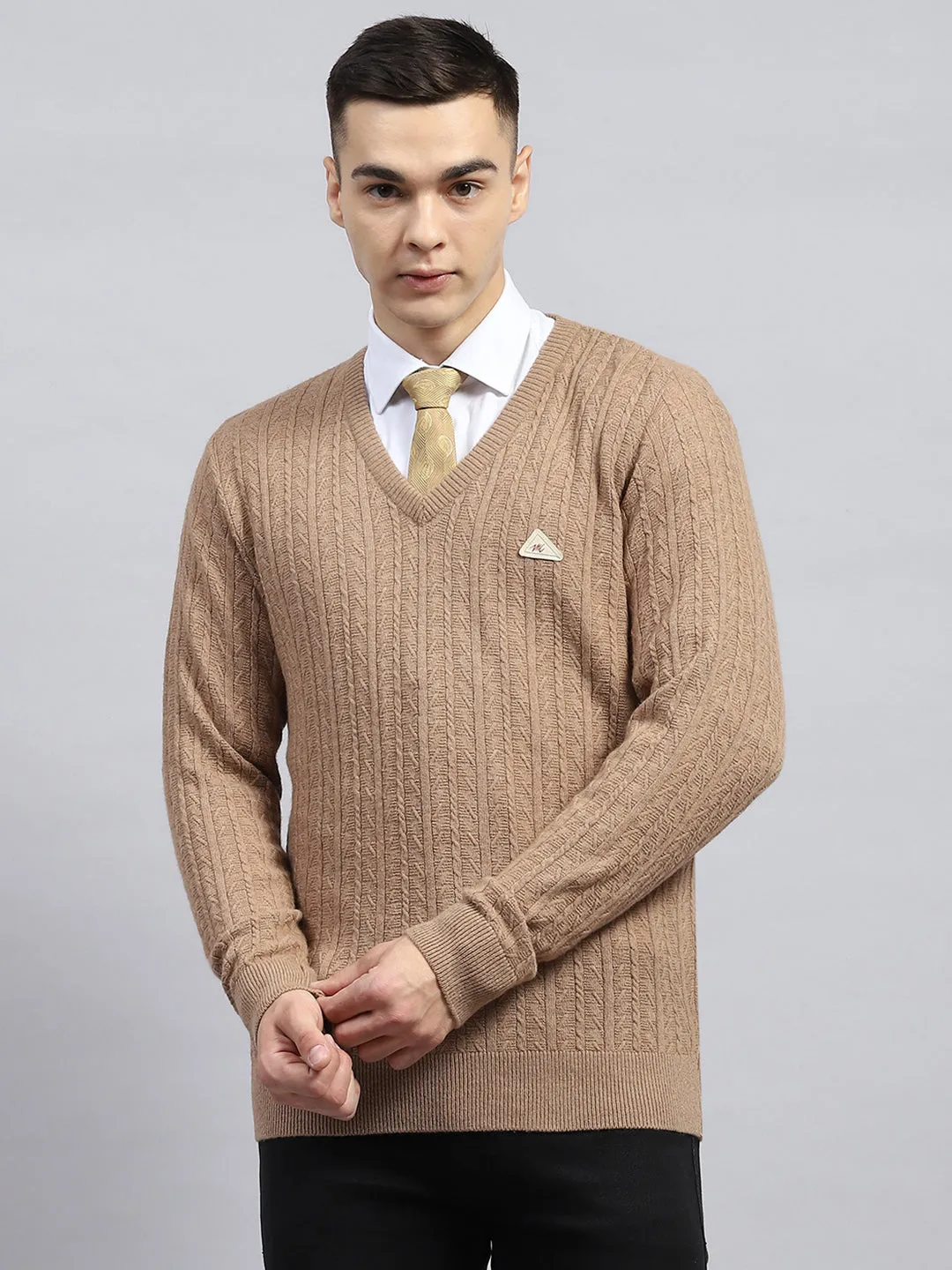 Men Beige Self Design V Neck Full Sleeve Pullover sold by Monte Carlo