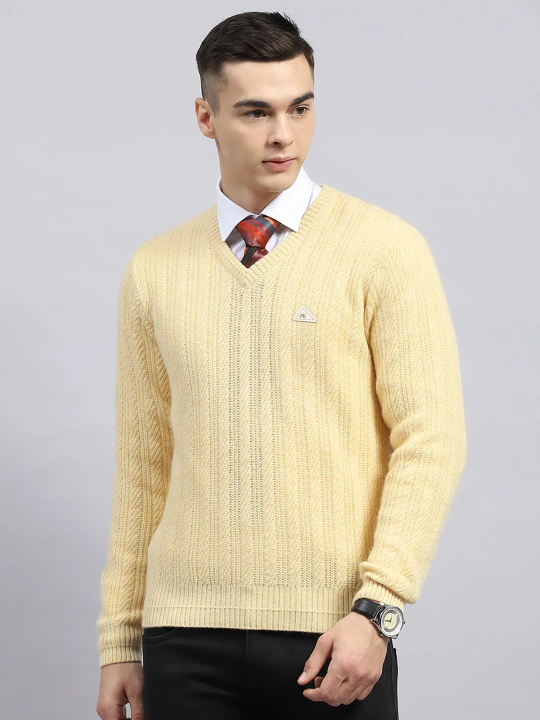 Men Beige Self Design V Neck Full Sleeve Pullover sold by Monte Carlo
