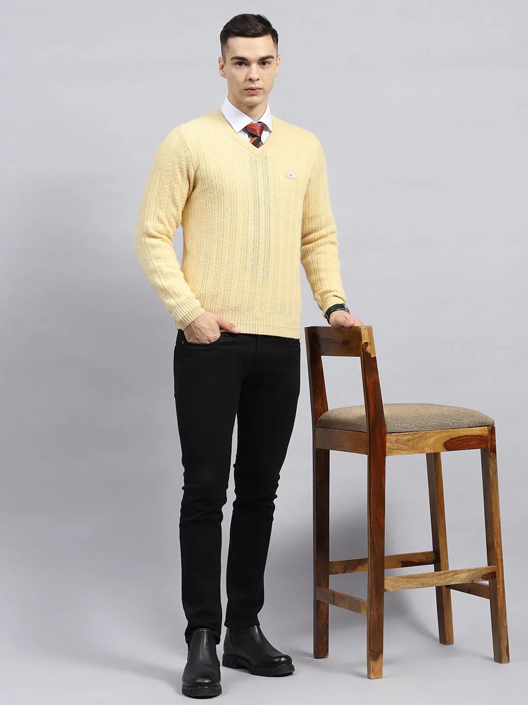 Men Beige Self Design V Neck Full Sleeve Pullover sold by Monte Carlo product image thumbnail 2