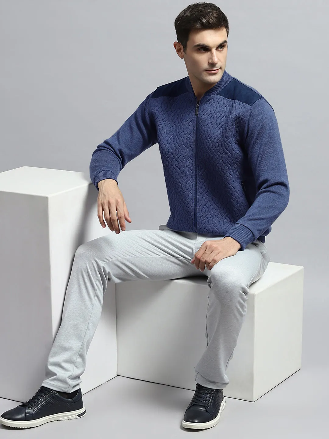Men Blue Self Design Round Neck Full Sleeve Jacket sold by Monte Carlo product image thumbnail 2