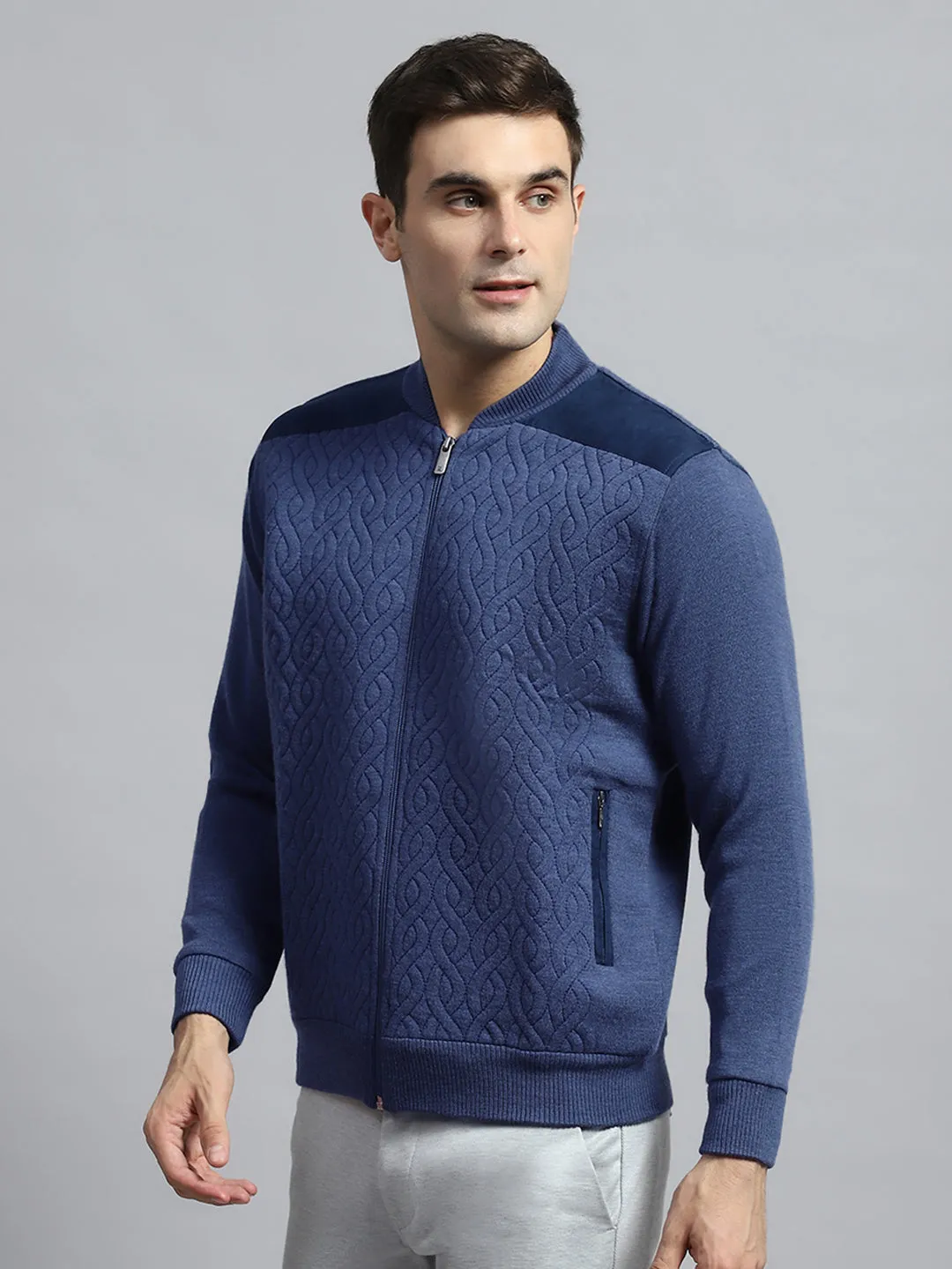 Men Blue Self Design Round Neck Full Sleeve Jacket sold by Monte Carlo product image thumbnail 3