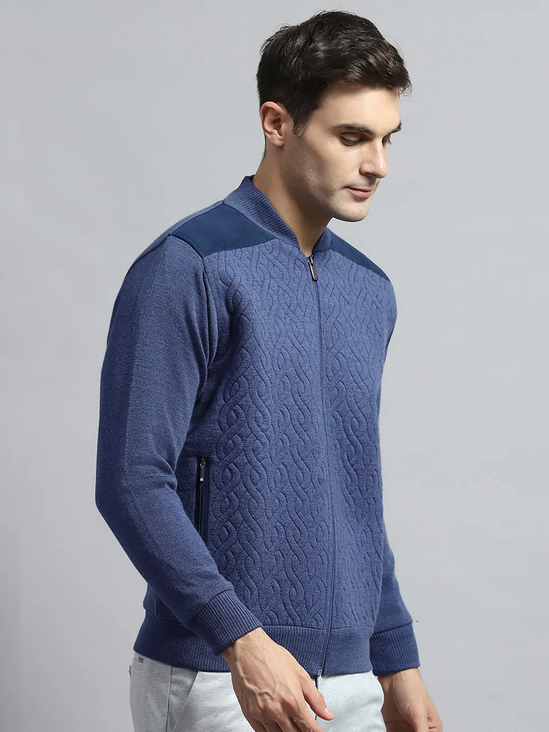 Men Blue Self Design Round Neck Full Sleeve Jacket sold by Monte Carlo product image thumbnail 4