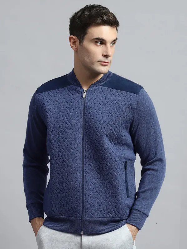 Men Blue Self Design Round Neck Full Sleeve Jacket sold by Monte Carlo