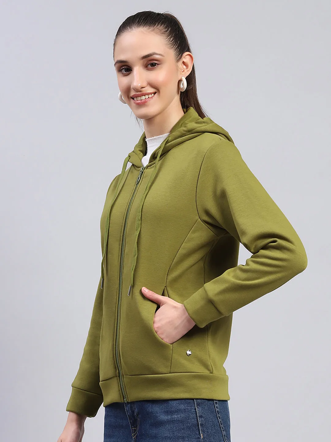 Women Green Solid Hooded Full Sleeve Sweatshirt sold by Monte Carlo product image thumbnail 3