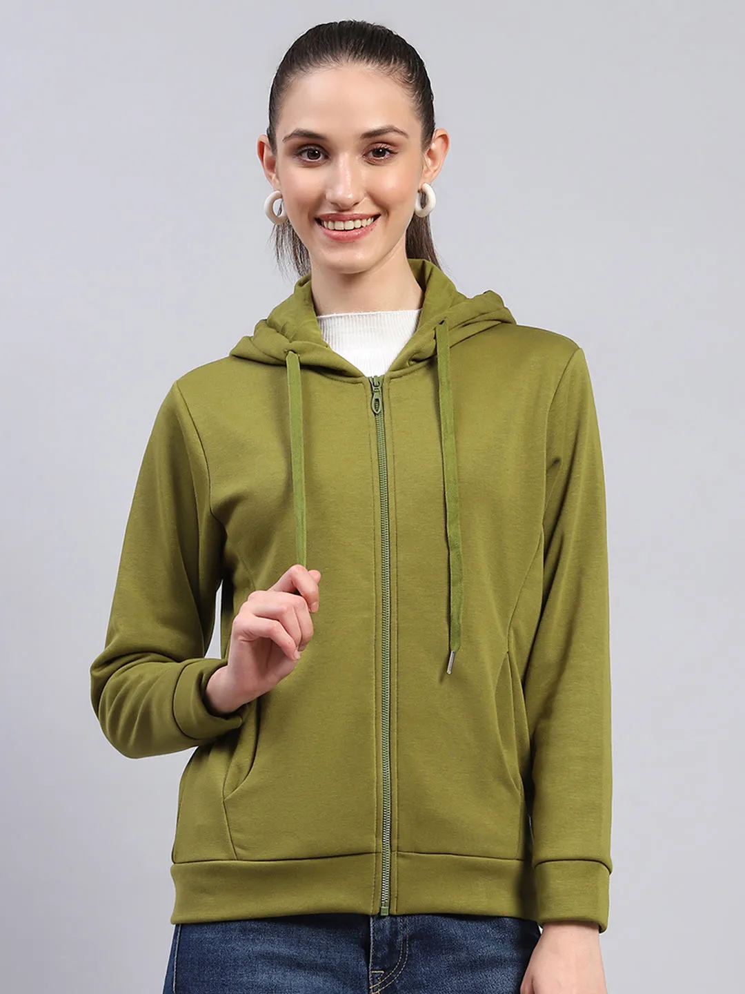 Women Green Solid Hooded Full Sleeve Sweatshirt sold by Monte Carlo