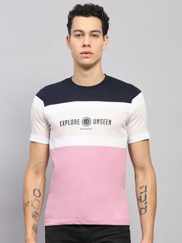 Men White & Pink Stripe Round Neck Half Sleeve T-Shirt made by Monte Carlo
