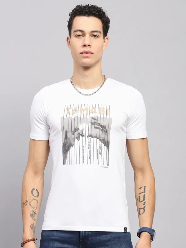 Men White Printed Round Neck Half Sleeve T-Shirt sold by Monte Carlo