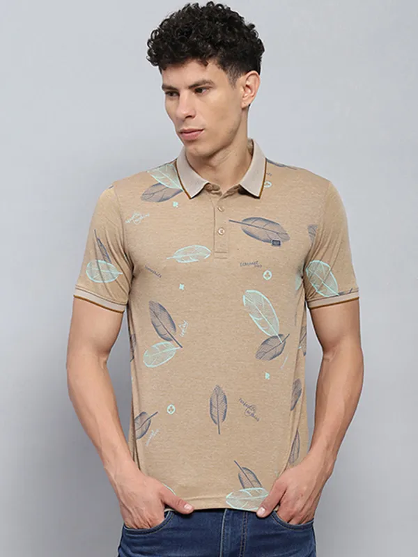 Men Beige Printed Collar Half Sleeve T-Shirt made by Monte Carlo