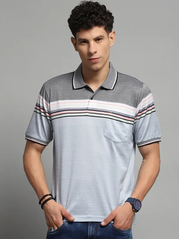 Luxuria Men Blue Stripe Collar Half Sleeve T-Shirt made by Monte Carlo