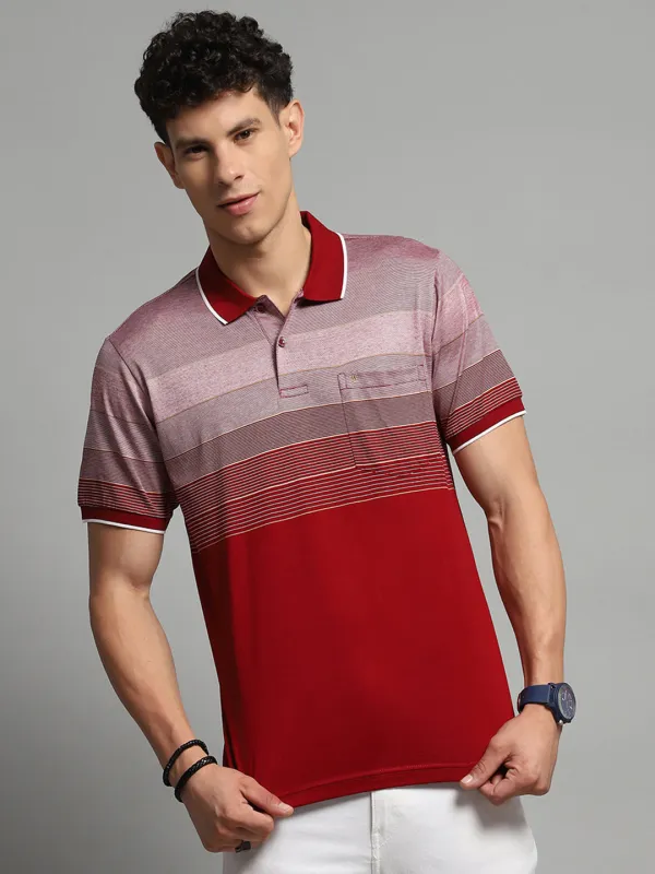 Luxuria Men Maroon Stripe Collar Half Sleeve T-Shirt made by Monte Carlo