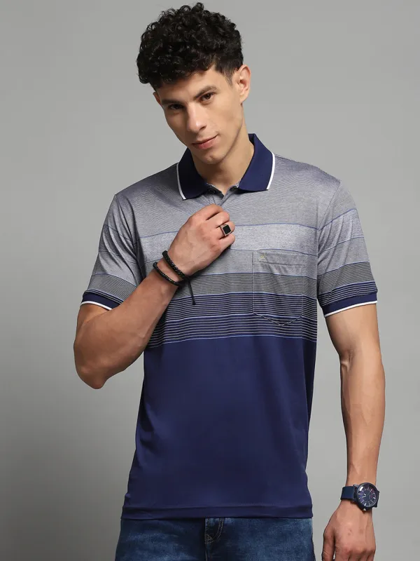 Luxuria Men Navy Blue Stripe Collar Half Sleeve T-Shirt made by Monte Carlo