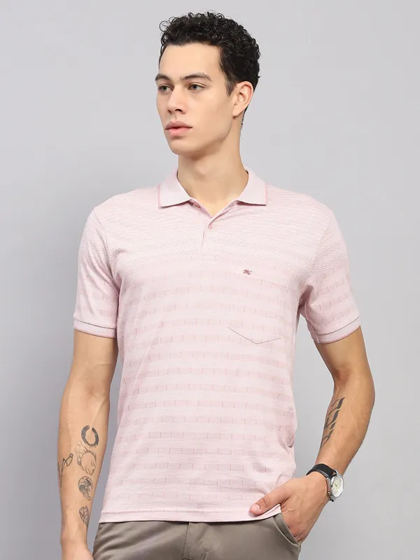 Men Pink Stripe Collar Half Sleeve T-Shirt made by Monte Carlo