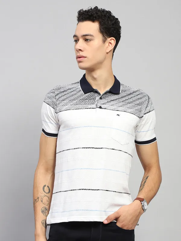Men White Stripe Collar Half Sleeve T-Shirt made by Monte Carlo