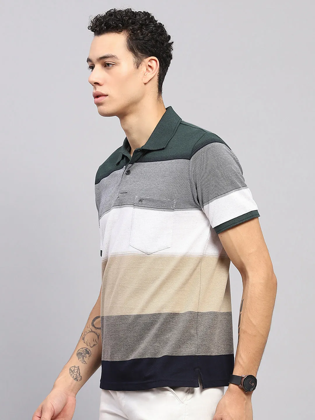 Men Green Stripe Collar Half Sleeve T-Shirt sold by Monte Carlo product image thumbnail 3