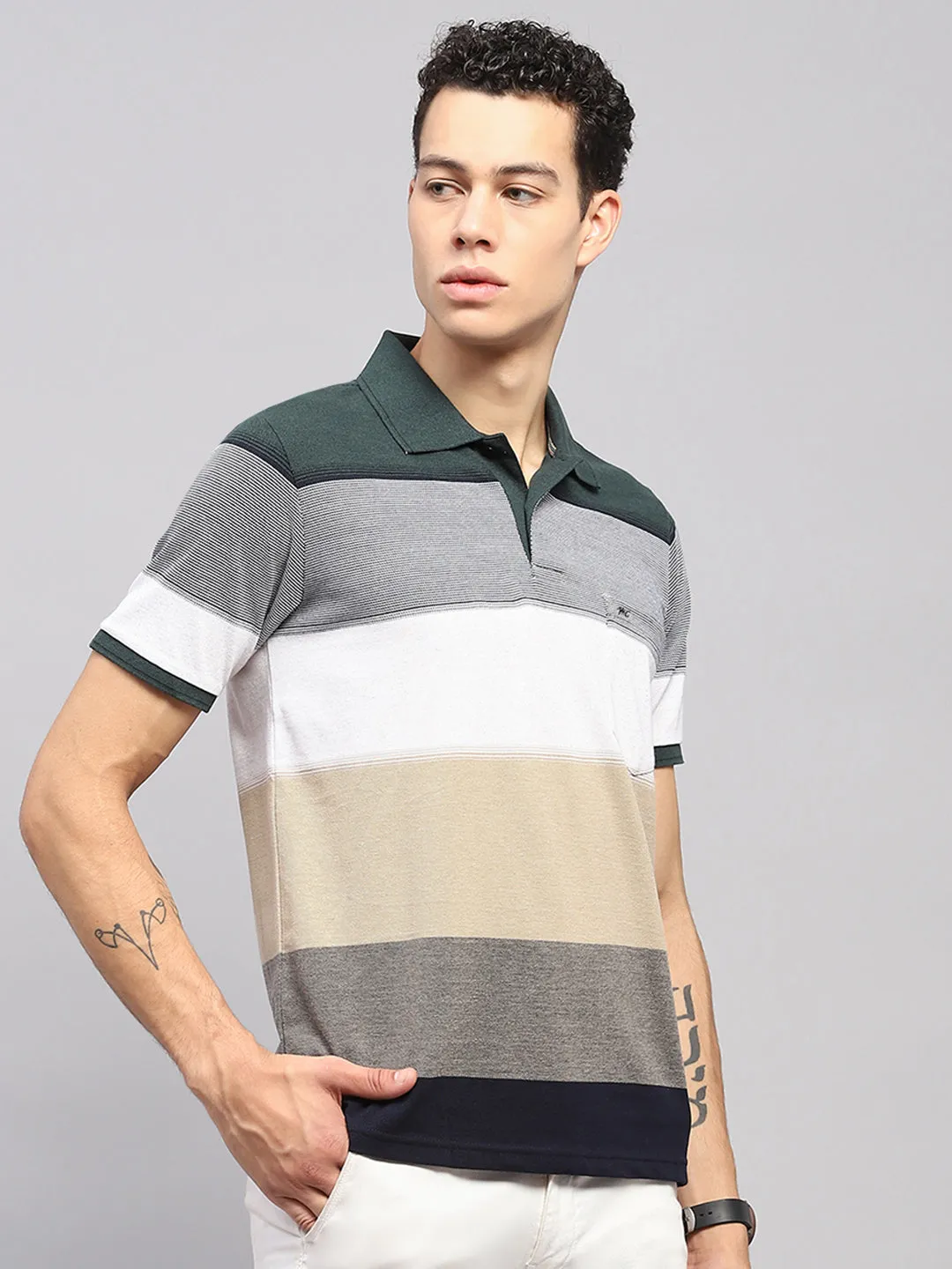 Men Green Stripe Collar Half Sleeve T-Shirt sold by Monte Carlo product image thumbnail 4
