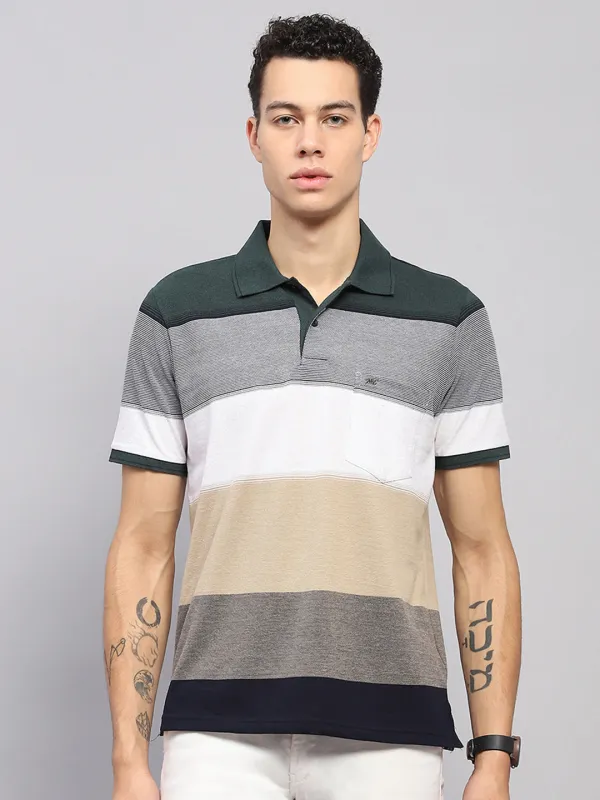 Men Green Stripe Collar Half Sleeve T-Shirt made by Monte Carlo