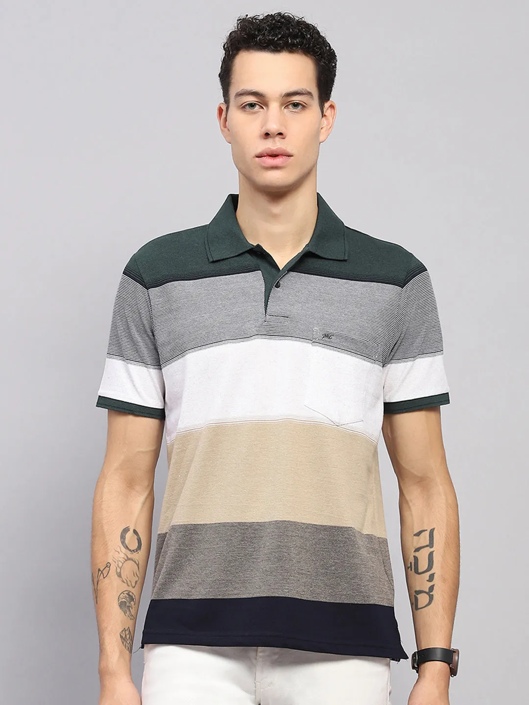 Men Green Stripe Collar Half Sleeve T-Shirt sold by Monte Carlo