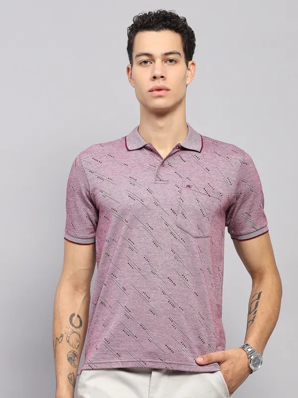 Men Burgundy Printed Collar Half Sleeve T-Shirt made by Monte Carlo