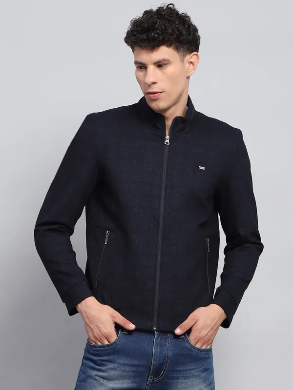 Men Navy Blue Solid Mock Neck Full Sleeve Jacket sold by Monte Carlo