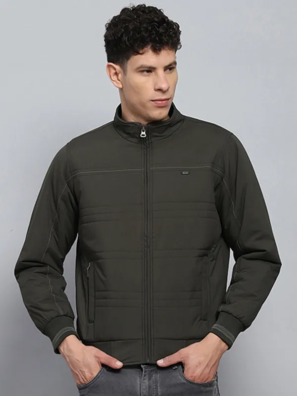 Men Olive Solid Mock Neck Full Sleeve Jacket sold by Monte Carlo