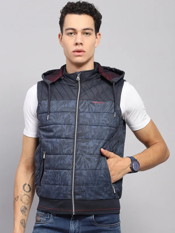 Men Blue Solid Hooded Sleeveless Jacket sold by Monte Carlo