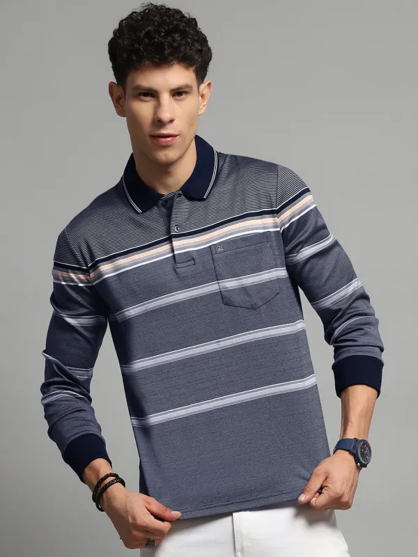 Luxuria Men Navy Blue Stripe Collar Full Sleeve Winter T-Shirt sold by Monte Carlo