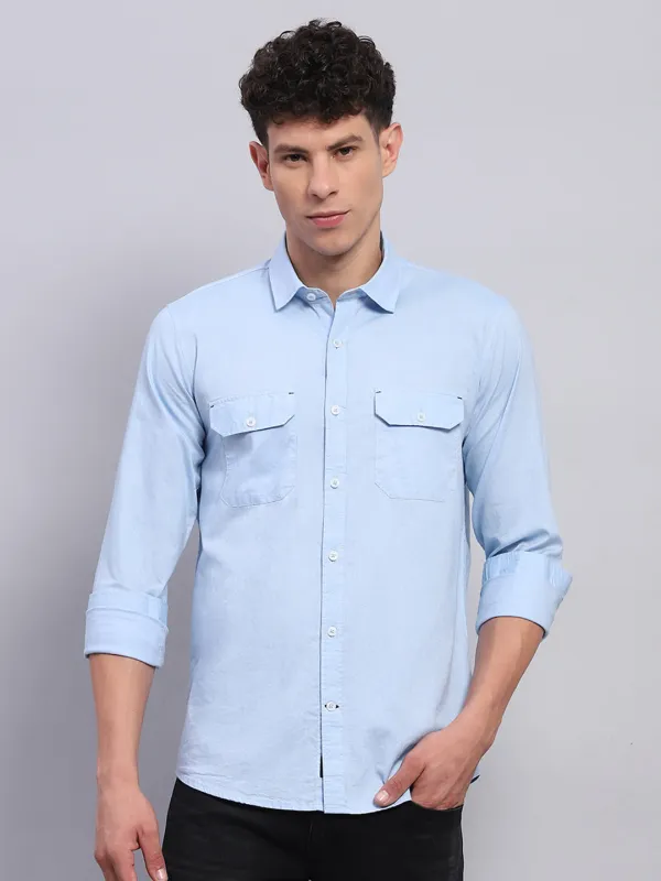 Men Blue Solid Collar Full Sleeve Shirt sold by Monte Carlo