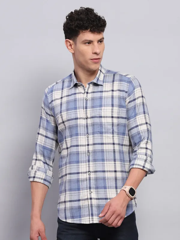 Men Blue Check Collar Full Sleeve Shirt sold by Monte Carlo