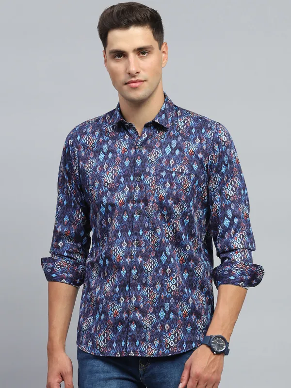 Men Blue Printed Collar Full Sleeve Shirt sold by Monte Carlo