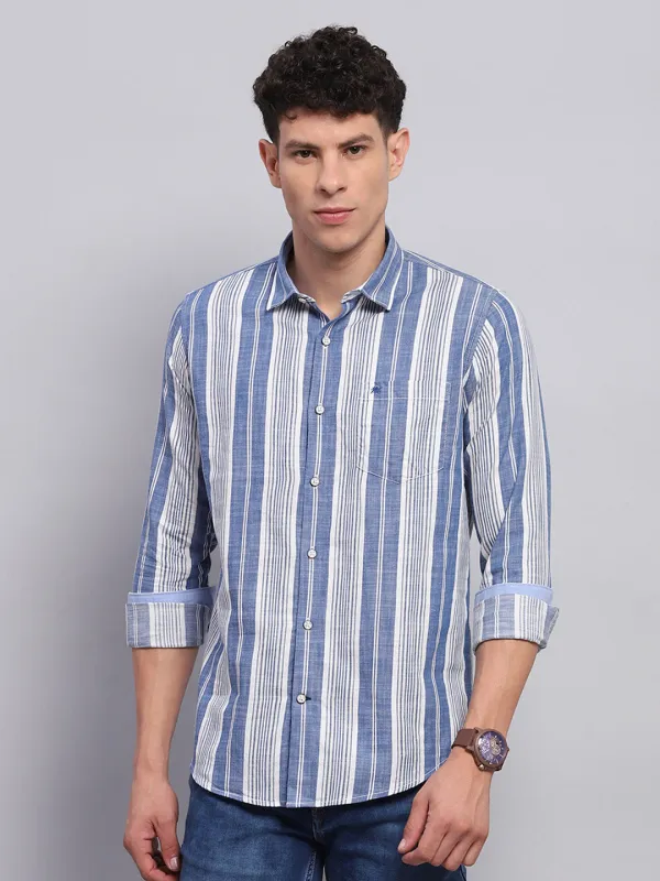 Men Blue Stripe Collar Full Sleeve Shirt sold by Monte Carlo