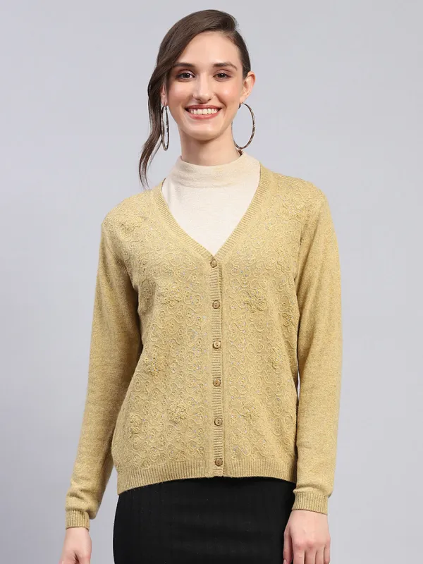 Women Mustard Self Design V Neck Full Sleeve Cardigan sold by Monte Carlo
