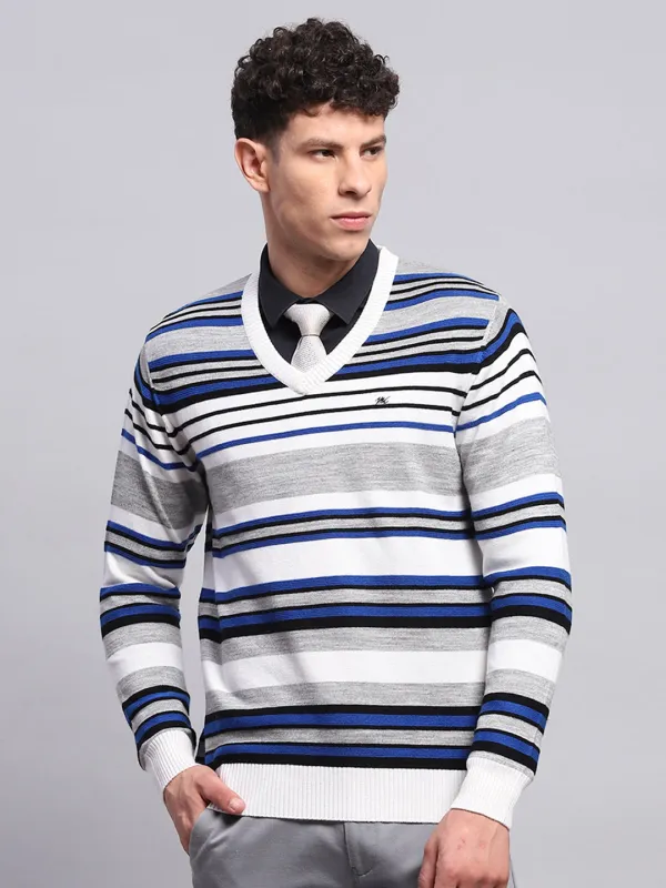 Men White & Blue Stripe V Neck Full Sleeve Pullover sold by Monte Carlo