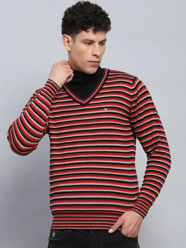 Men Red & Grey Stripe V Neck Full Sleeve Pullover made by Monte Carlo
