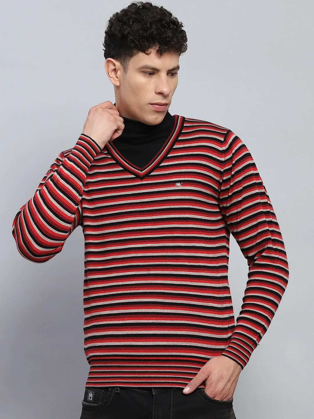Men Red & Grey Stripe V Neck Full Sleeve Pullover sold by Monte Carlo