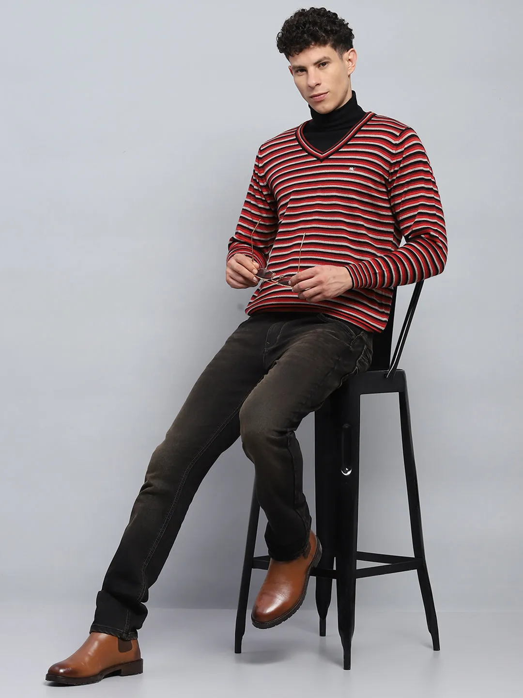 Men Red & Grey Stripe V Neck Full Sleeve Pullover sold by Monte Carlo product image thumbnail 2