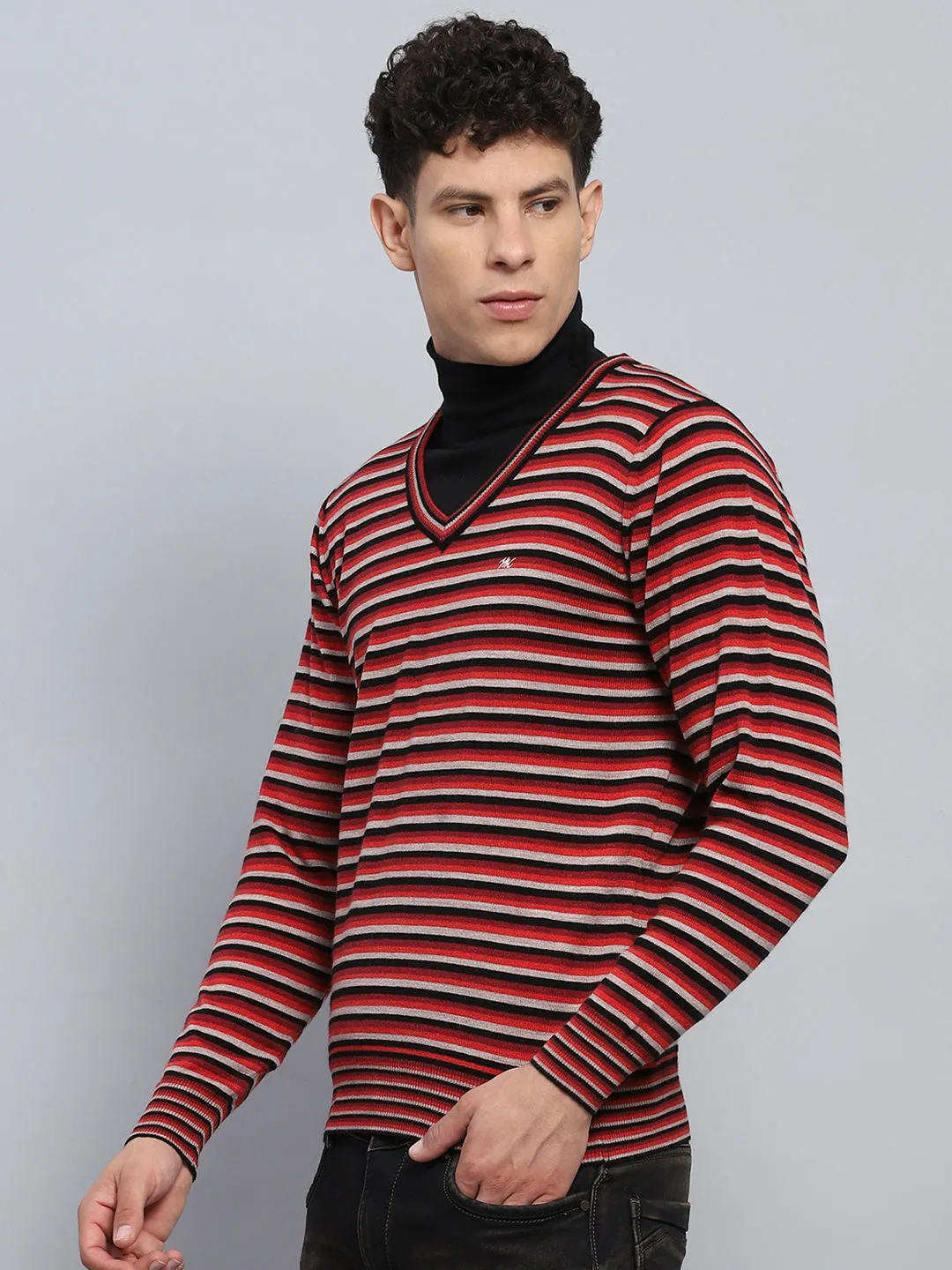 Men Red & Grey Stripe V Neck Full Sleeve Pullover sold by Monte Carlo product image thumbnail 3