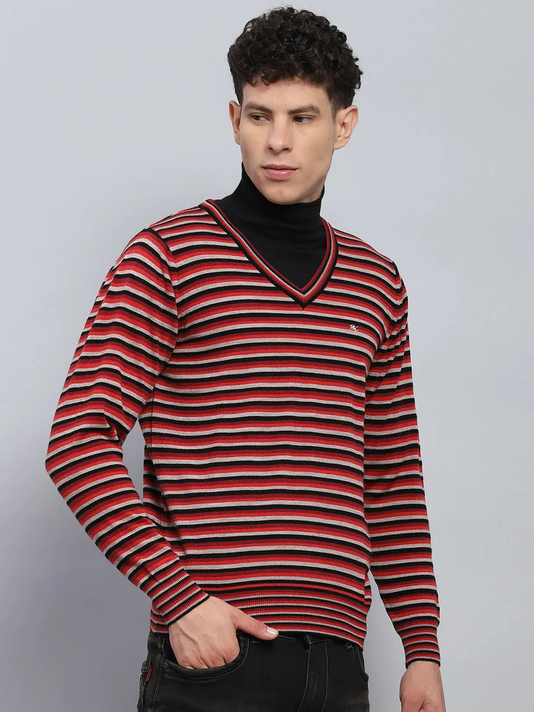 Men Red & Grey Stripe V Neck Full Sleeve Pullover sold by Monte Carlo product image thumbnail 4