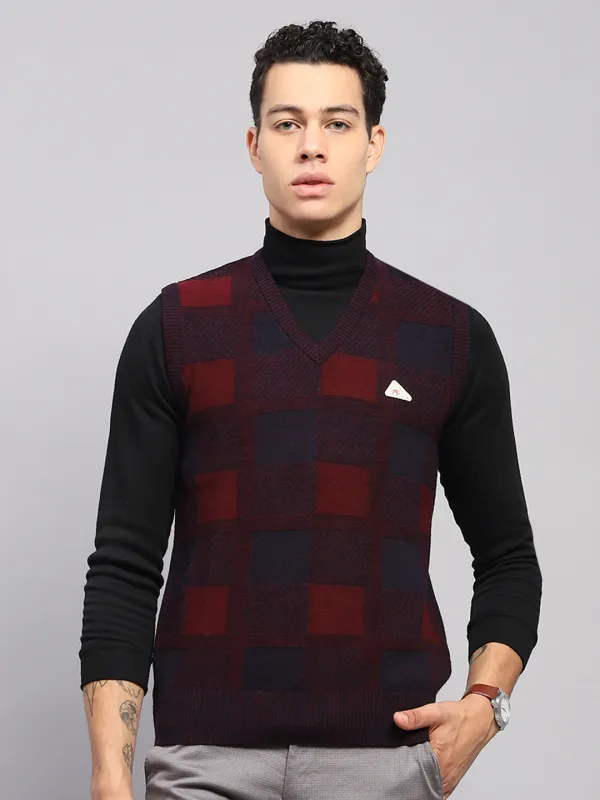 Men Maroon Self Design V Neck Sleeveless Sweater sold by Monte Carlo