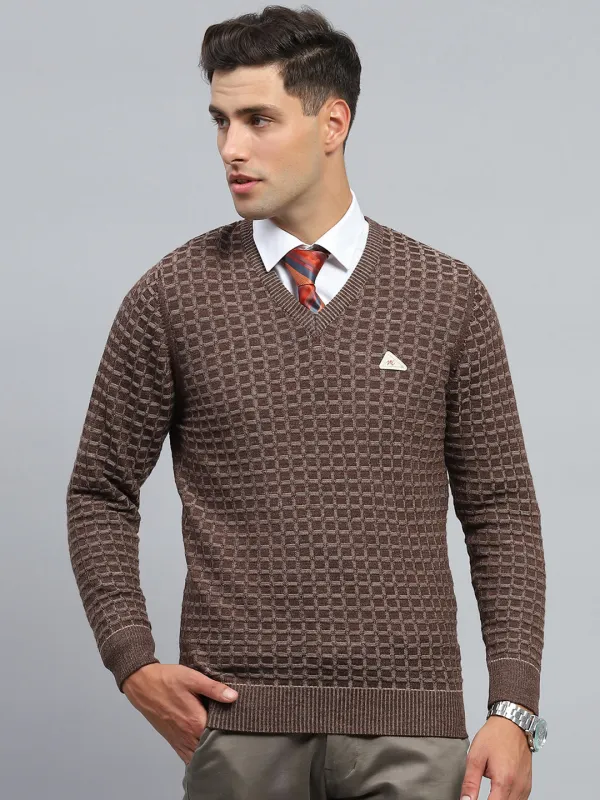 Men Brown Check V Neck Full Sleeve Pullover sold by Monte Carlo