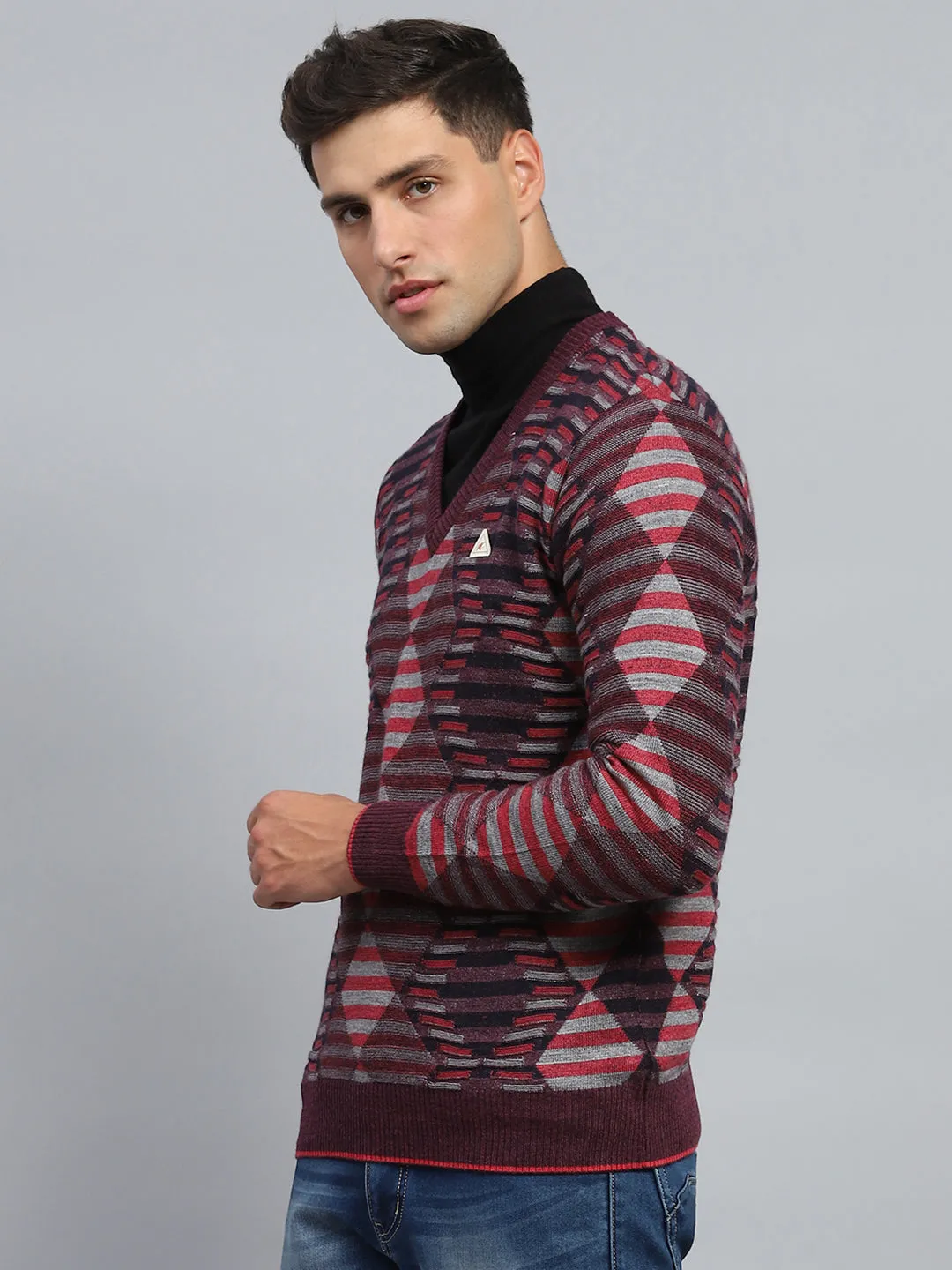 Men Maroon Stripe V Neck Full Sleeve Pullover sold by Monte Carlo product image thumbnail 3
