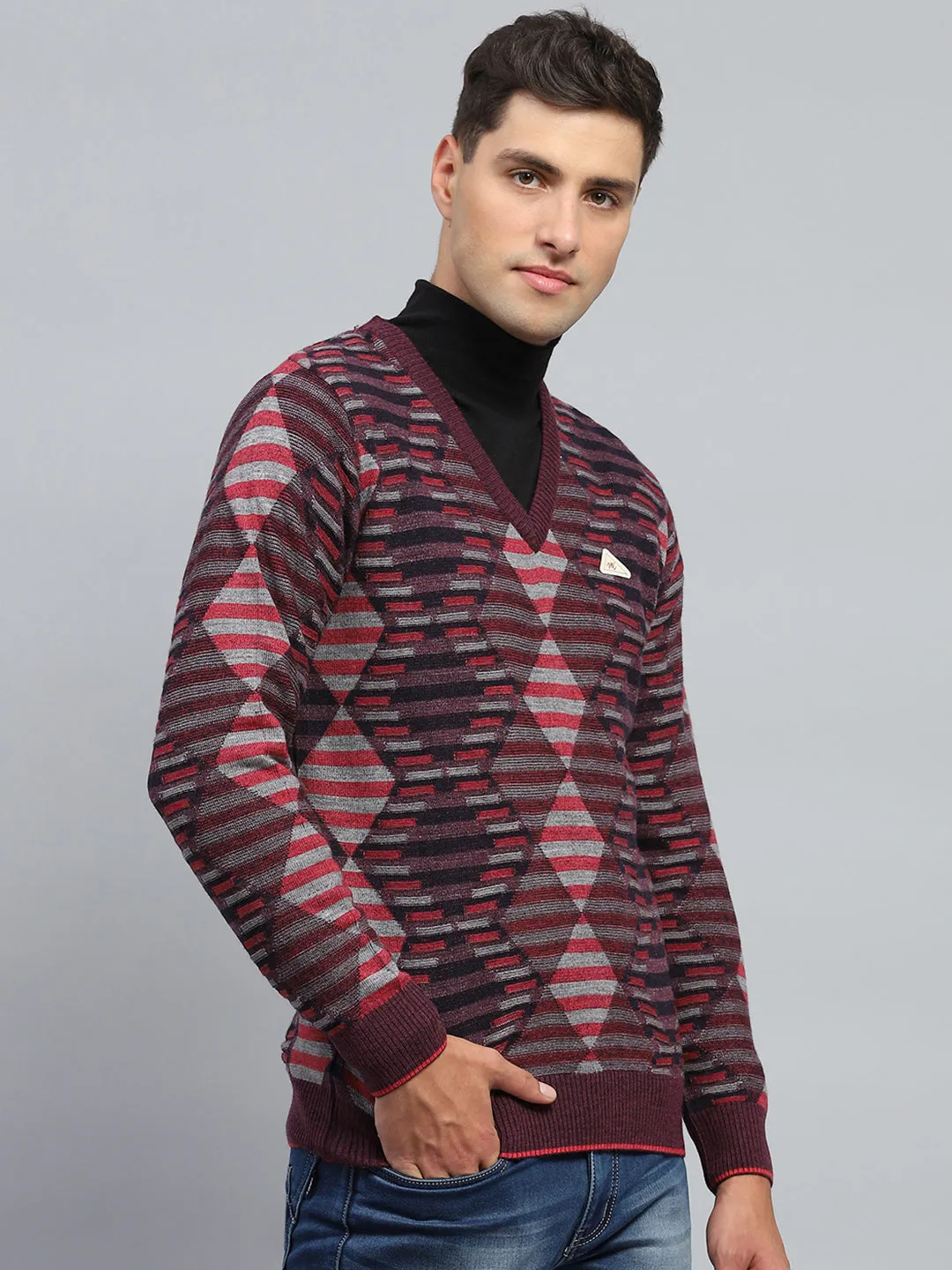 Men Maroon Stripe V Neck Full Sleeve Pullover sold by Monte Carlo product image thumbnail 4