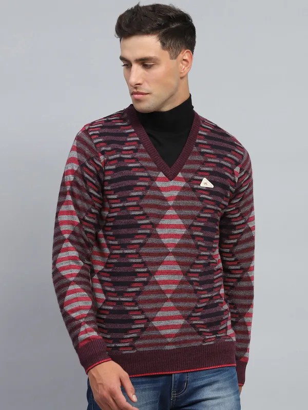 Men Maroon Stripe V Neck Full Sleeve Pullover made by Monte Carlo